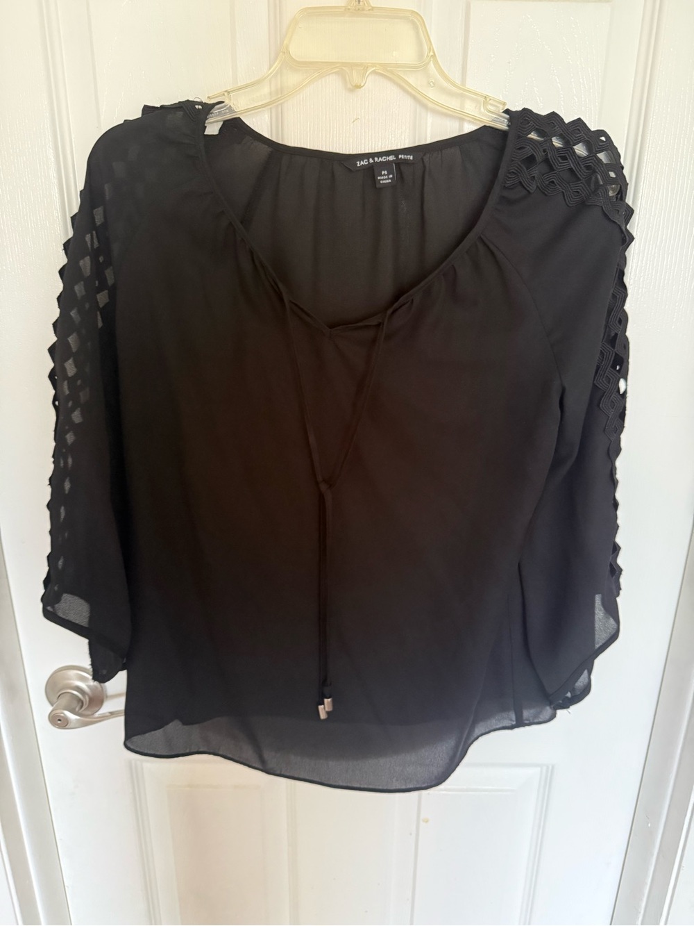 Zac & Rachel Black Lattice-Sleeve Tie-Front Blouse